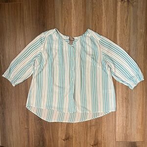 White/ Turquoise Stripe Chico’s Three-Quarter-Sleeve Blouse (Size 3= Large)